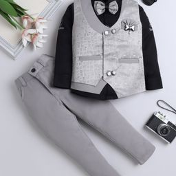 Fourfolds Full Sleeves Typography Printed Shirt With Embroidered Waistcoat Trousers & Bow Set - Grey-image-62