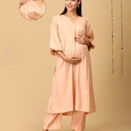 The Mom Store Cotton Three Fourth Balloon Sleeves Abstract Printed Maternity Kurta With Nursing Access & Pant - Peach-picture-21