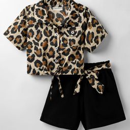 CrayonFlakes Cotton Knit Half Sleeves Leopard Printed Shirt Style Crop Top & Belted Short Set - Brown-image-90