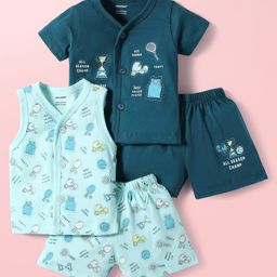 CUCUMBER Sinker Knit Half Sleeves Shorts Co-Ord Night Suits With Sports Theme Print Pack of 2 - Teal & Light Blue-image-53