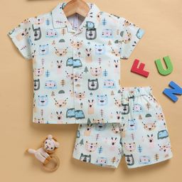 TOONYPORT Cotton Knit Half Sleeves Baby Animals Printed Coordinating Shirt & Shorts Set - Green-image-37