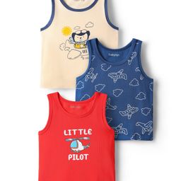 Babyoye 100% Cotton Elastane Knit Sleeveless Vest with Aeroplane & Animal Print Pack of 3 - Cream Red & Blue-image-36