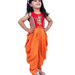 Twisha Cotton Woven Sleeveless Beads Embellished Lord Krishna Designed Jumpsuit - Red & Orange-image-4