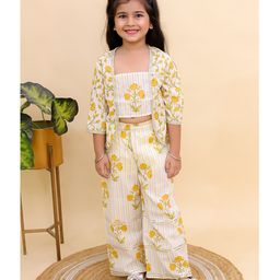AJ Dezines Cotton Woven Three Fourth Sleeves Foral Swirls Printed Striped & Gota Lace Embellished Shrug Attached Top With Coordinating Pant Set - Mustard-4