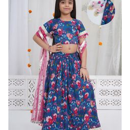 Little Bansi Cotton Woven Half Sleeves Floral Printed Lace Detailed Coordinating Lehenga Choli With Dupatta Set - Royal Blue-picture-34