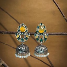 NAMAN ARTS Silver-Plated Artificial Stones Studded & Beaded Dome Shaped Oxidised Jhumkas-51