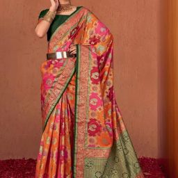 Satrani Orange & Pink Printed Saree With Unstitched Blouse-image-69