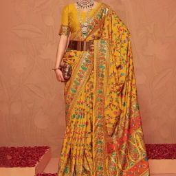 Satrani Yellow Woven Saree With Unstitched Blouse-image-26