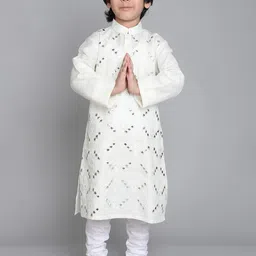 Little Clothings Boys Embroidered Regular Thread Work Linen Kurta with Churidar-27