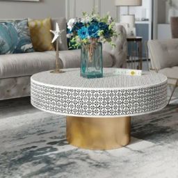 Casagold Black Large Bone Inlay Round Geometric Floral Coffee Table-29