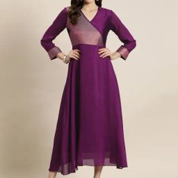 Qurvii Desi Burgundy Brocade Fit & Flare Dress-image-3