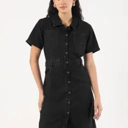 SHOWOFF Black Cotton Solid Dress-image-61