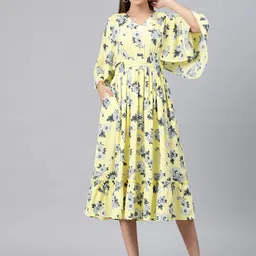 Cottinfab Floral Print Flared Sleeves Smocked Tiered Crepe Fit & Flare Midi Dress-image-61
