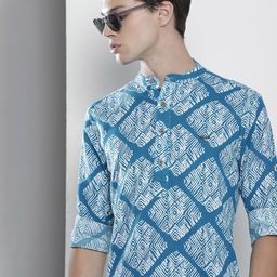 The Indian Garage Co Men Blue Printed Band Collar Cotton Casual Shirt-image-22