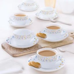 Larah by Borosil Flora Sunrise Opalware Tea & Coffee Cup and Saucer Set of 12 pcs 140 ml (White)-image-52