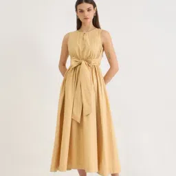 Elle Beige Pure Cotton Solid Sleeveless Dress-picture-3