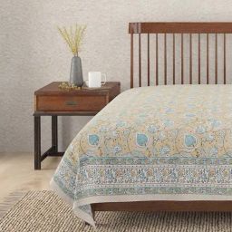 Fabindia Home Beige & Blue Cotton 118 TC Ihania Printed Single Bed Cover-image-98