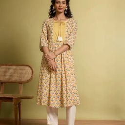 Taneira Yellow Pure Cotton Printed Kurta-image-24