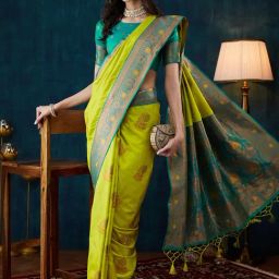 Satrani Green Silk Woven Saree With Unstitched Blouse-picture-48