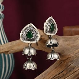VENI 92.5 Silver Plated Artificial Stones Studded & Beaded Oxidised Teardrop Drop Earrings-picture-11