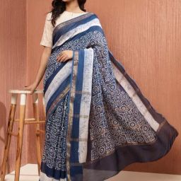 Fabindia Blue Cotton Blend PrintedSaree-picture-22