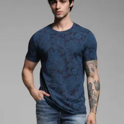 Jack & Jones Navy Cotton Slim Fit Floral Print T-Shirts-image-3