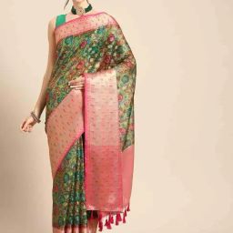 Silk Land Green & Pink Silk Printed Saree With Unstitched Blouse-image-42