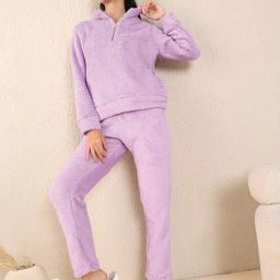Sweet Dreams Purple Fleece Solid Full Sleeves Top and Pyjama-image-88