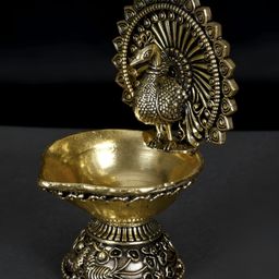 Exotic India Gold-Toned & Black Peacock Brass Diya-image-78