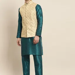 SOJANYA Men Teal Kurta with Churidar & Nehru Jacket-48