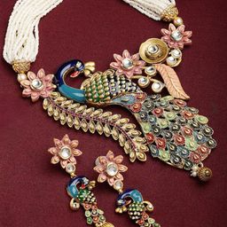 JYONA Gold-Plated Stone-Studded & Pearls Beaded Peacock Jewellery Set-6