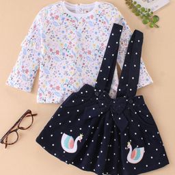 ToffyHouse Full Sleeves Top & Skirt With Floral Print - White & Navy Blue-picture-4