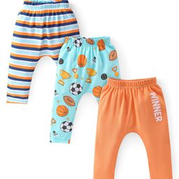 Babyhug Cotton Knit Full Length Diaper Leggings with Striped & Sports Print Pack of 3 - Blue & Orange-image-35