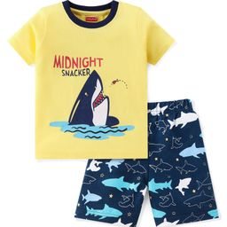 Babyhug Cotton Knit Half Sleeves Night Suit Whale Print - Yellow & Navy Blue-image-74