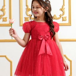 Mark & Mia Half Sleeves Party Frock With Bow Applique - Red-image-60