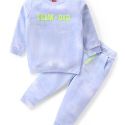 Babyhug Terry Knit Full Sleeves T- Shirt & Lounge Pants Set With Text Print - Blue-image-3