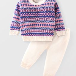 Babyhug Knit Full Sleeves Sweater Set With Aztec Design - Purple-picture-19