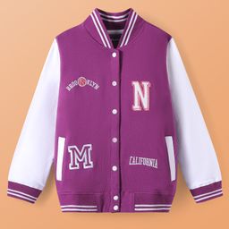Pine Kids Cotton Knit Full Sleeves Bomber Jacket With Text Embroidery - Purple & White-image-90