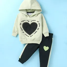 little darlings Liittle Darlings Fleece Knit Full Sleeves Hooded Winter Wear Suit With Heart Embroidery - Light Green-picture-3