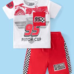 Babyhug Disney Cotton Knit Half Sleeves T-Shirt & Shorts Set With Cars Graphics & Badge Detailing - Red & Grey-image-52