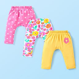 Babyhug Interlock Knit Full Length Diaper Leggings With Floral & Polka Dots Print Pack Of 3 - Pink & Yellow-image-73