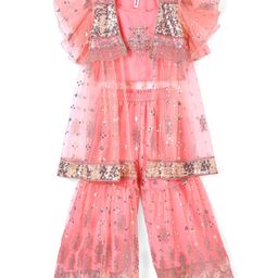 Babyhug Woven Sleeveless Sequined & Embroidered Top Gharara & Frill Detailing Jacket Set - Pink-image-50
