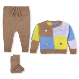 Windrop Solutions Full Sleeves Crocheted Sweater With Solid Coordinating Pajama & Booties Set - Brown-picture-27