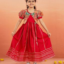 Vastramay Half Sleeves Gota Lace & Tassels Detailed Dress With Floral Embroidered & Sequins Embellished Jacket - Red-picture-7