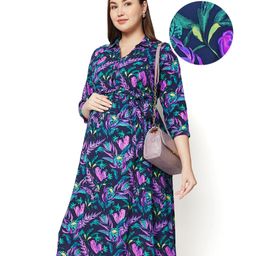 Bella Mama Woven Three Fourth Sleeves Floral Printed Maternity Dress with Fabric Belt - Navy Blue-picture-42