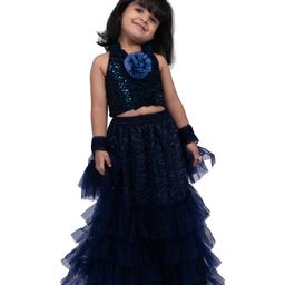 Twisha Sleeveless Floral Applique Detailed Sequins Embellished Chania Choli With Dupatta Set - Navy Blue-image-32