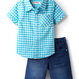 Babyhug CottonWoven Half Sleeves Shirt & Shorts Set with Checks-Light Blue-image-96