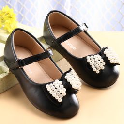 Babyoye Velcro Closure Ballerinas with Bow Applique & Pearls Detailing - Black-4