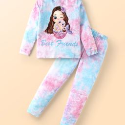 Unicorns Cotton Woven Full Sleeves Mermaid Printed & Tie Dye Coordinating Night Suit Set - Blue & Pink-image-92