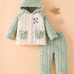 Mark & Mia Full Sleeves Winter Wear Hooded Night Suit With Panda Print & Cable Knit Design - Olive Green-picture-36